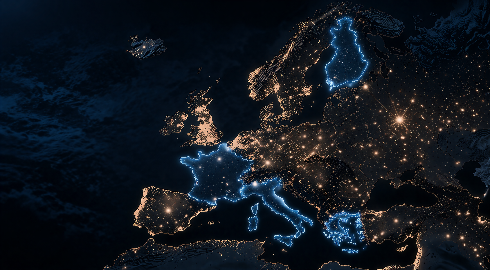 Europe night map highlighting countries